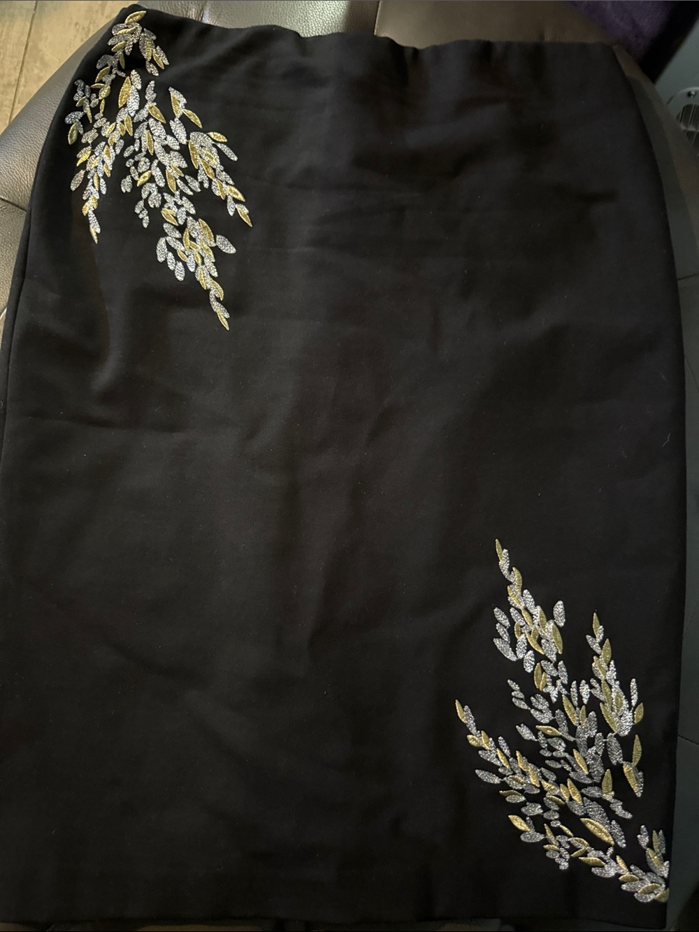 Alfani Black Pencil Skirt with Gold & Silver Leaf Embroidery